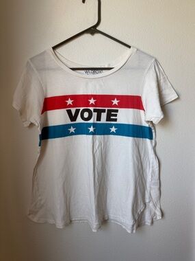 Wildfox White Graphic Tee with Red & Blue Stripes and VOTE Print